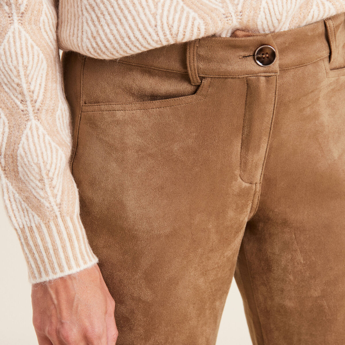 Pantalon droit suédine 7/8ème marron femme