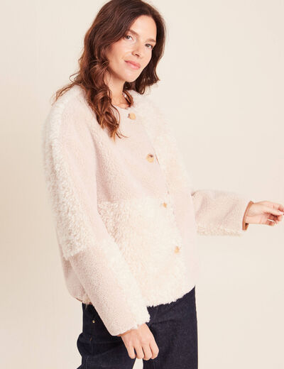 Manteau manches longues fausse fourrure ecru femme