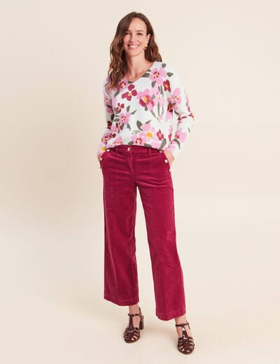 Pantalon large velours c&ocirc;tel&eacute; rouge fonc&eacute; femme