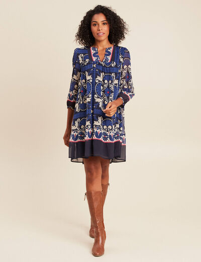 Robe courte &eacute;vas&eacute;e col tunisien bleu femme