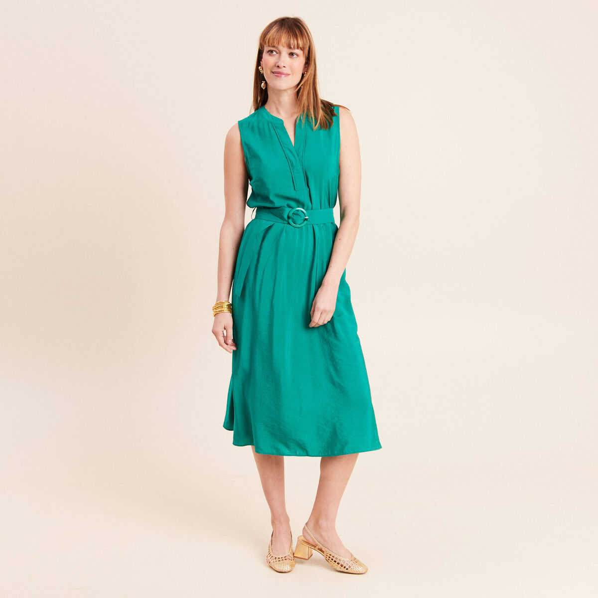Robe &eacute;vas&eacute;e 3/4 sans manches ceinture vert menthe femme