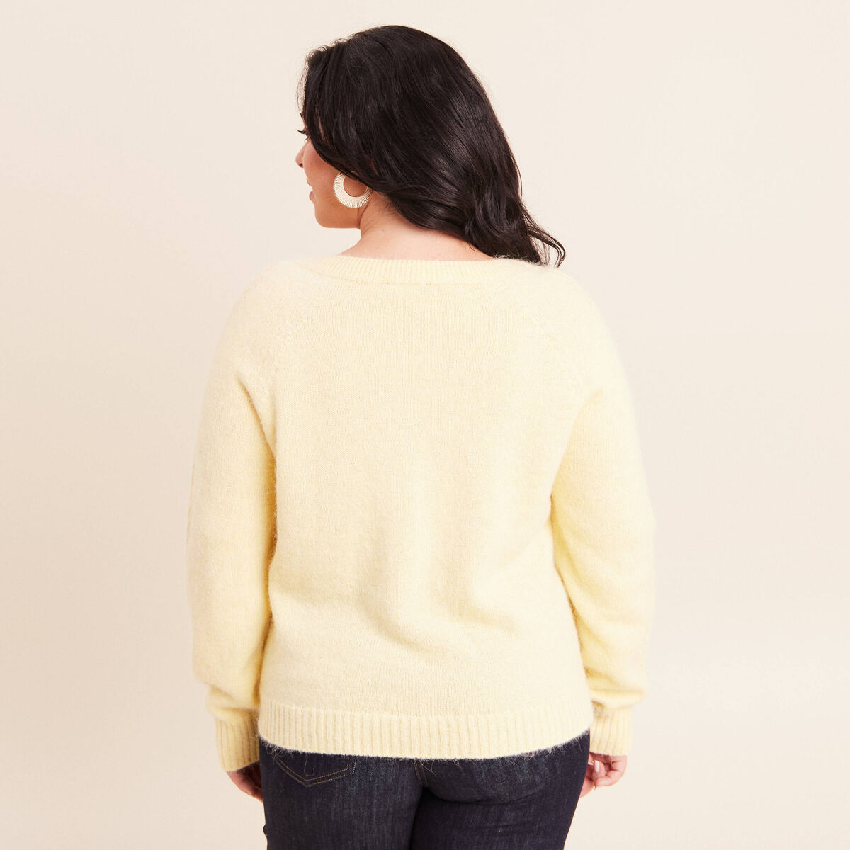 Gilet manches longues col rond jaune pastel femme