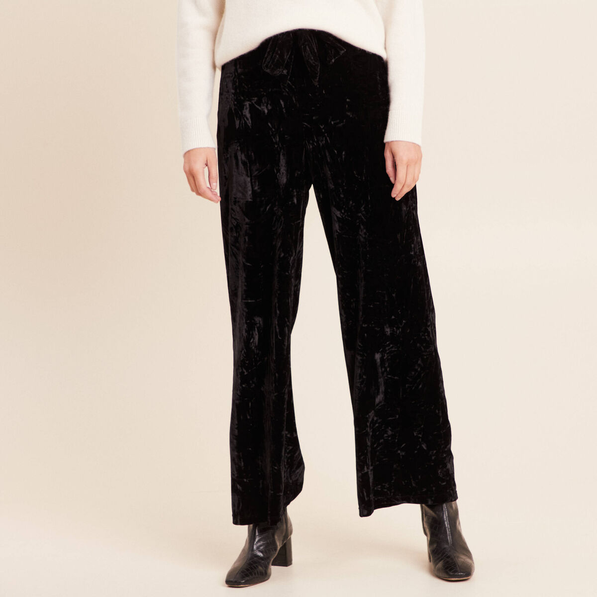 Pantalon large taille haute velours noir femme