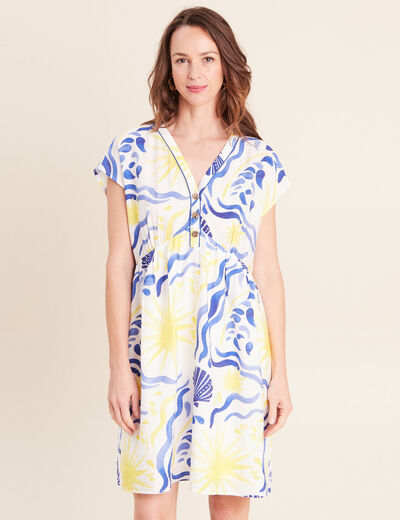Robe courte &eacute;vas&eacute;e col v manches courtes bleu femme