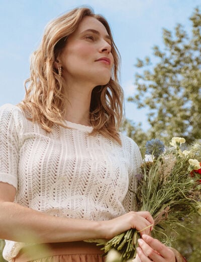 Pull ajour&eacute; col rond ecru femme