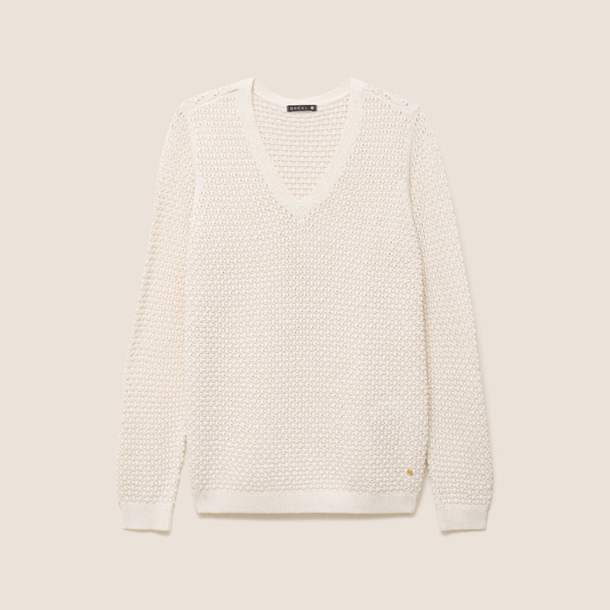 Pull manches longues col en V ecru femme