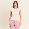 Gilet ajour&eacute; droit court col rond ecru femme