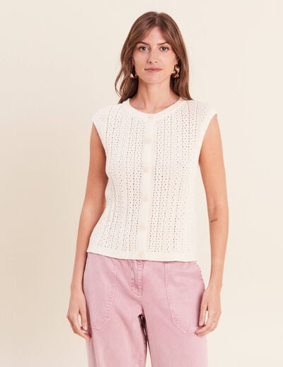 Gilet ajour&eacute; droit court col rond ecru femme
