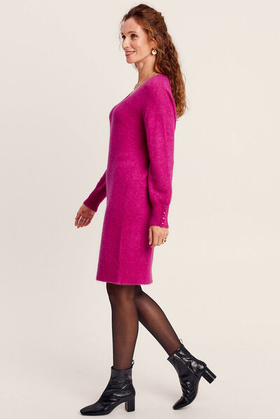 Robe pull droite col en V rose fushia femme