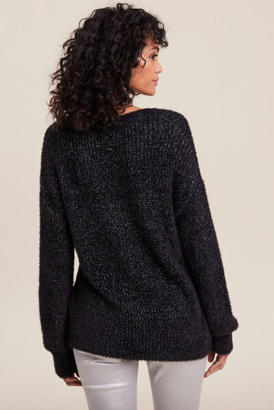 Pull manches longues col en V noir femme