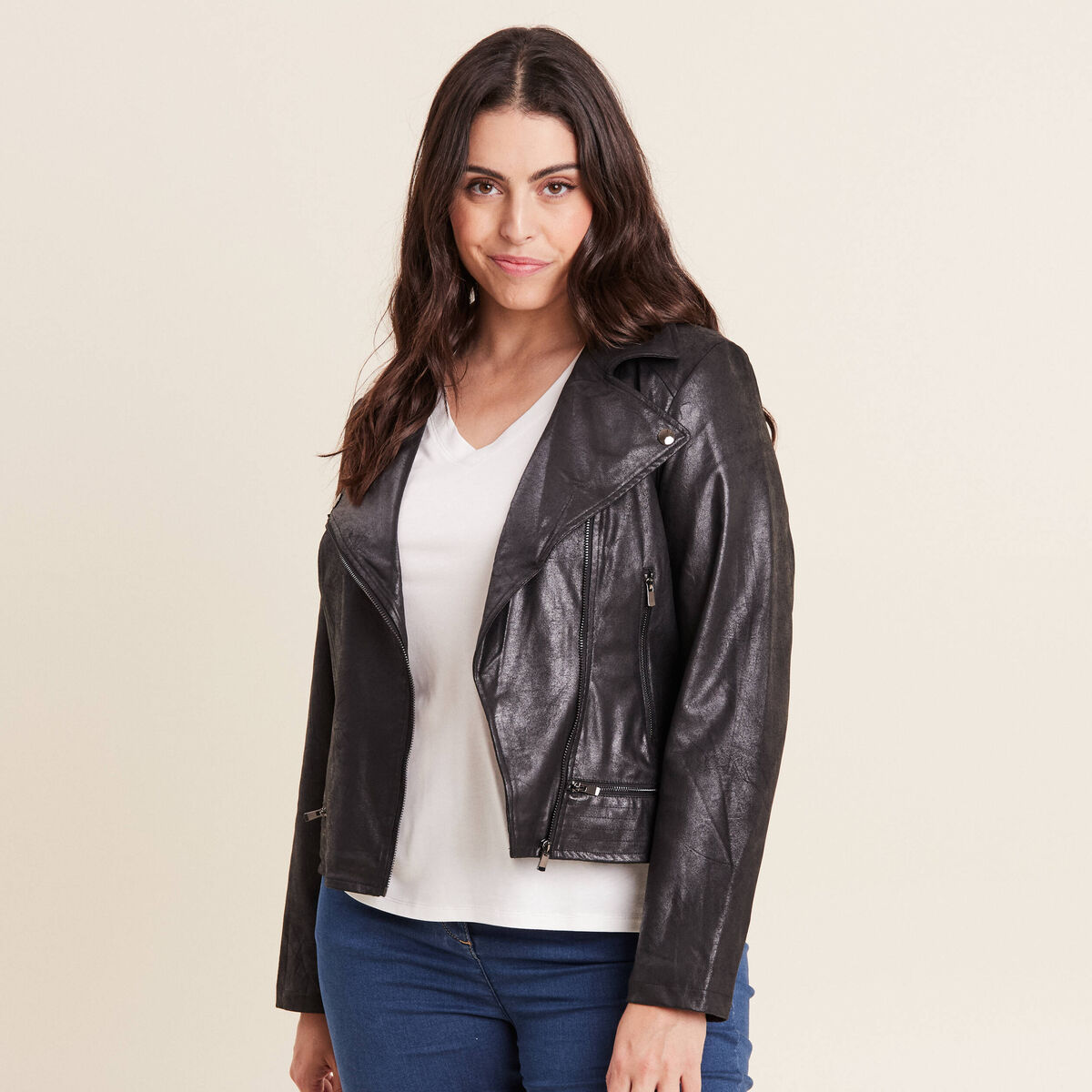 Veste esprit motard zipp&eacute;e noir femme