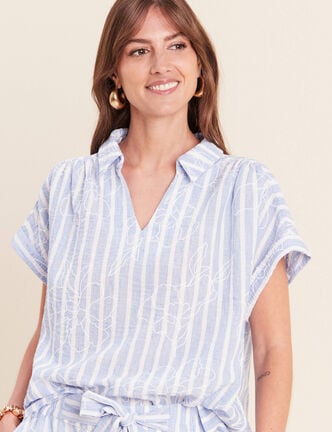 Blouse ample col chemise manches courtes bleu femme
