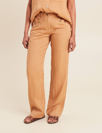 Pantalon fluide taille haute beige femme