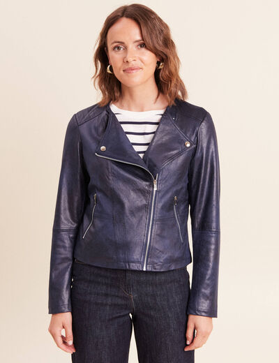 Veste droite zipp&eacute;e bleu fonc&eacute; femme