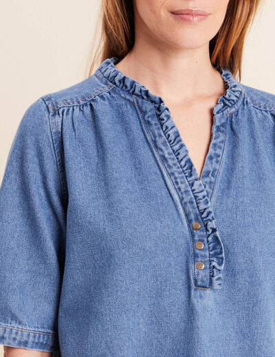 Robe courte &eacute;vas&eacute;e jean col montant denim double stone femme