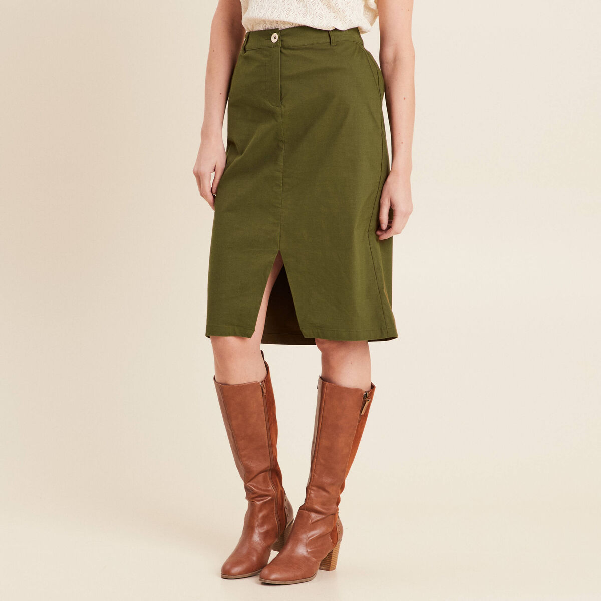 Jupe crayon vert olive femme