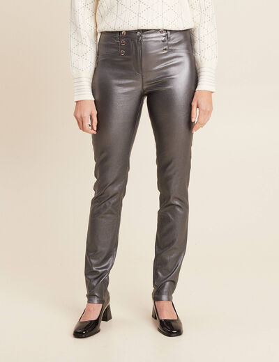 Pantalon ajusté enduit à pont couleur argent femme