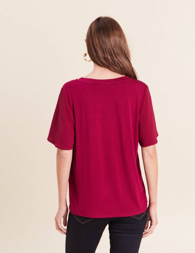 T-shirt bi-mati&egrave;re manches courtes rouge fonc&eacute; femme