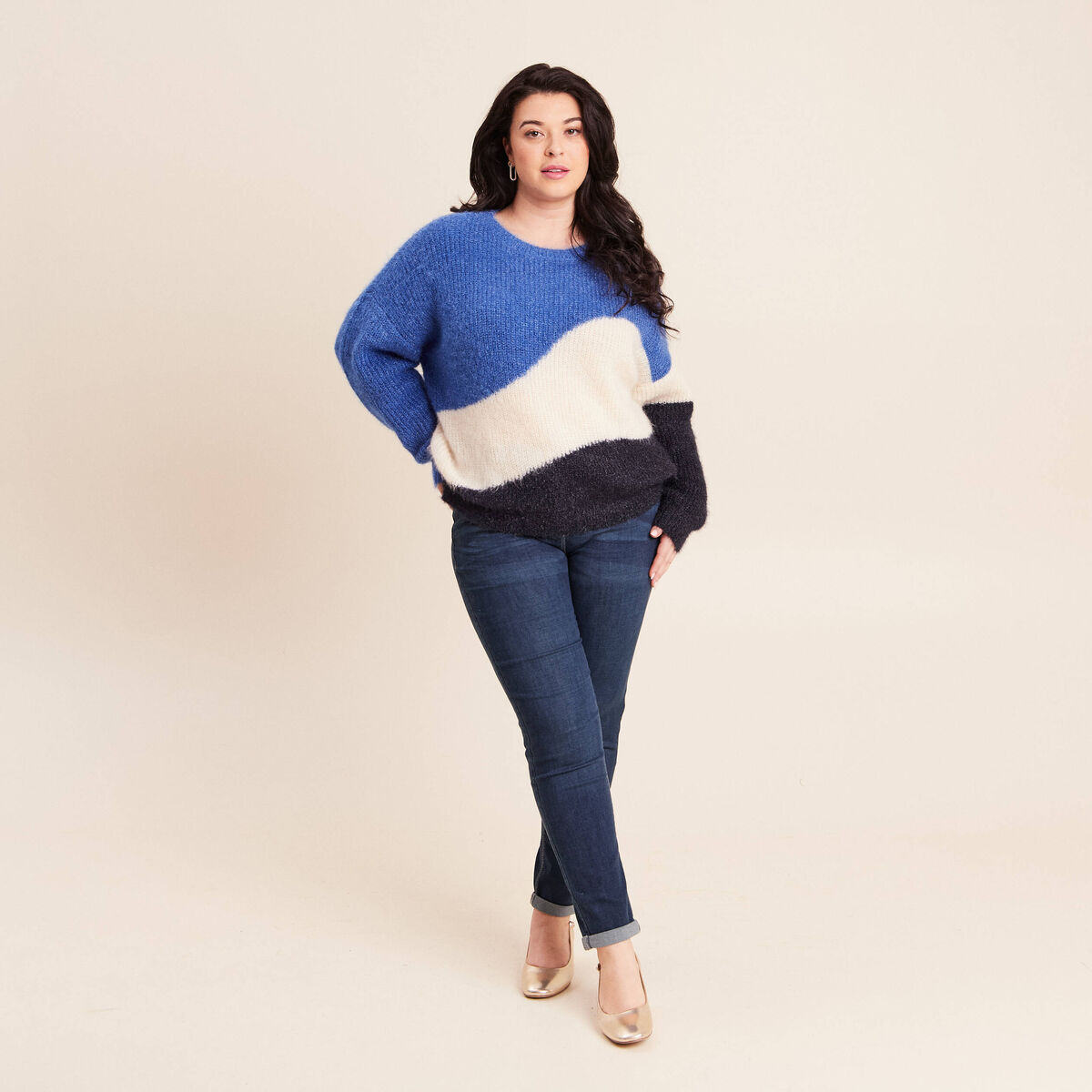 Pull col rond manches longues ecru femme