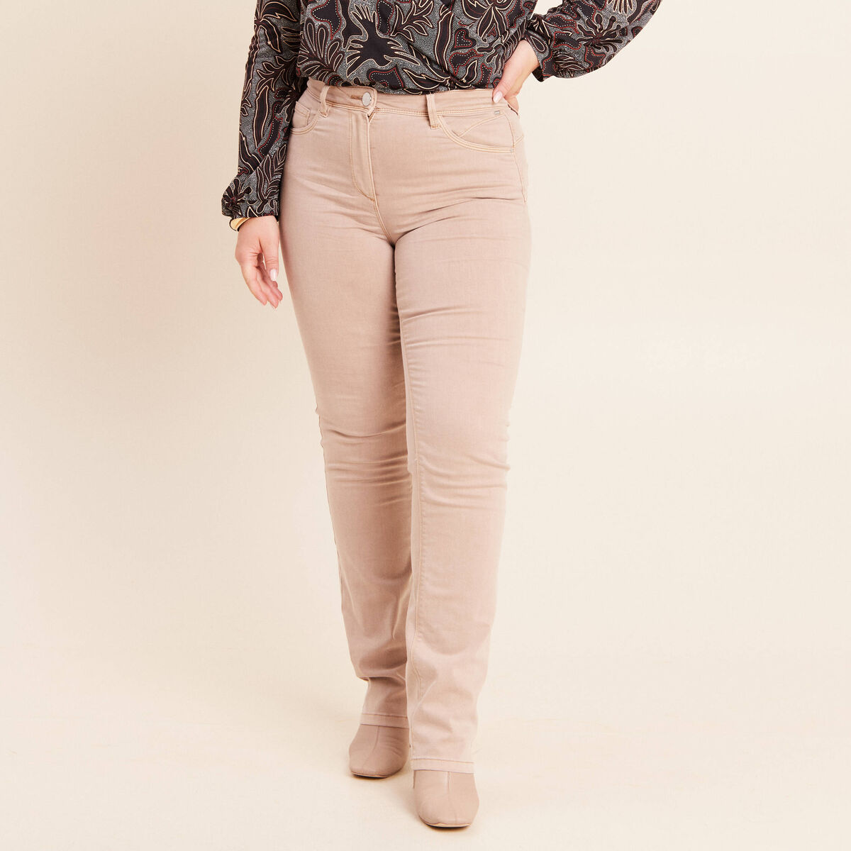 Jean coupe droite taille haute denim beige femme