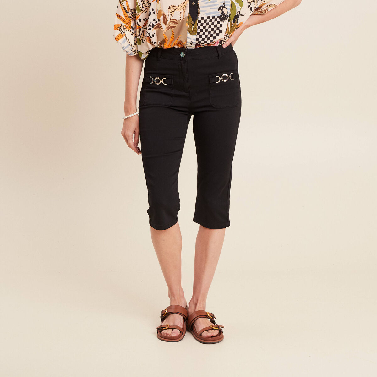Pantacourt droit taille haute noir femme