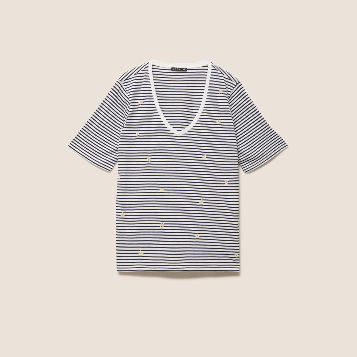 T-shirt droit broderie manches courtes bleu femme
