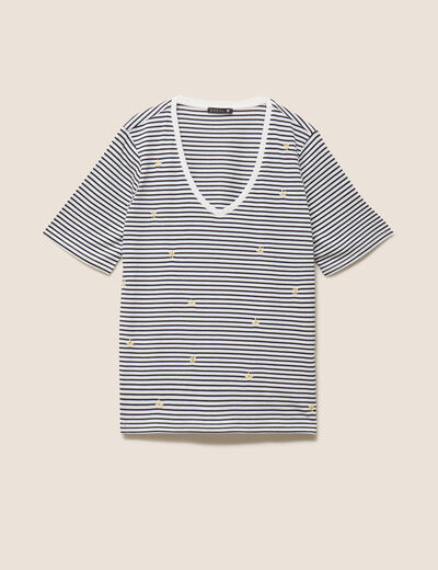 T-shirt droit broderie manches courtes bleu femme