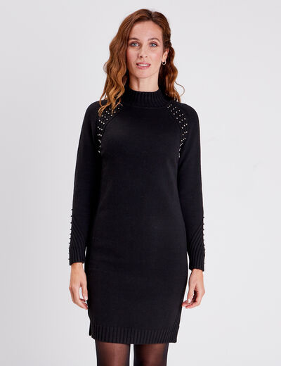 Robe pull droite avec perles noir femme