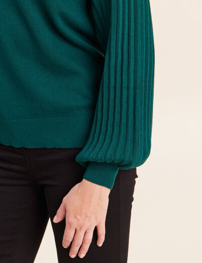 Pull cintr&eacute; col rond manches longues vert fonc&eacute; femme