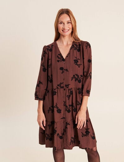 Robe courte &eacute;vas&eacute;e col v manches 3/4 marron femme