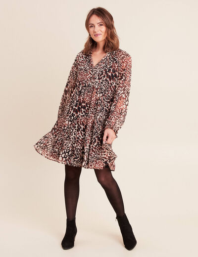 Robe courte &eacute;vas&eacute;e col v manches longues marron femme
