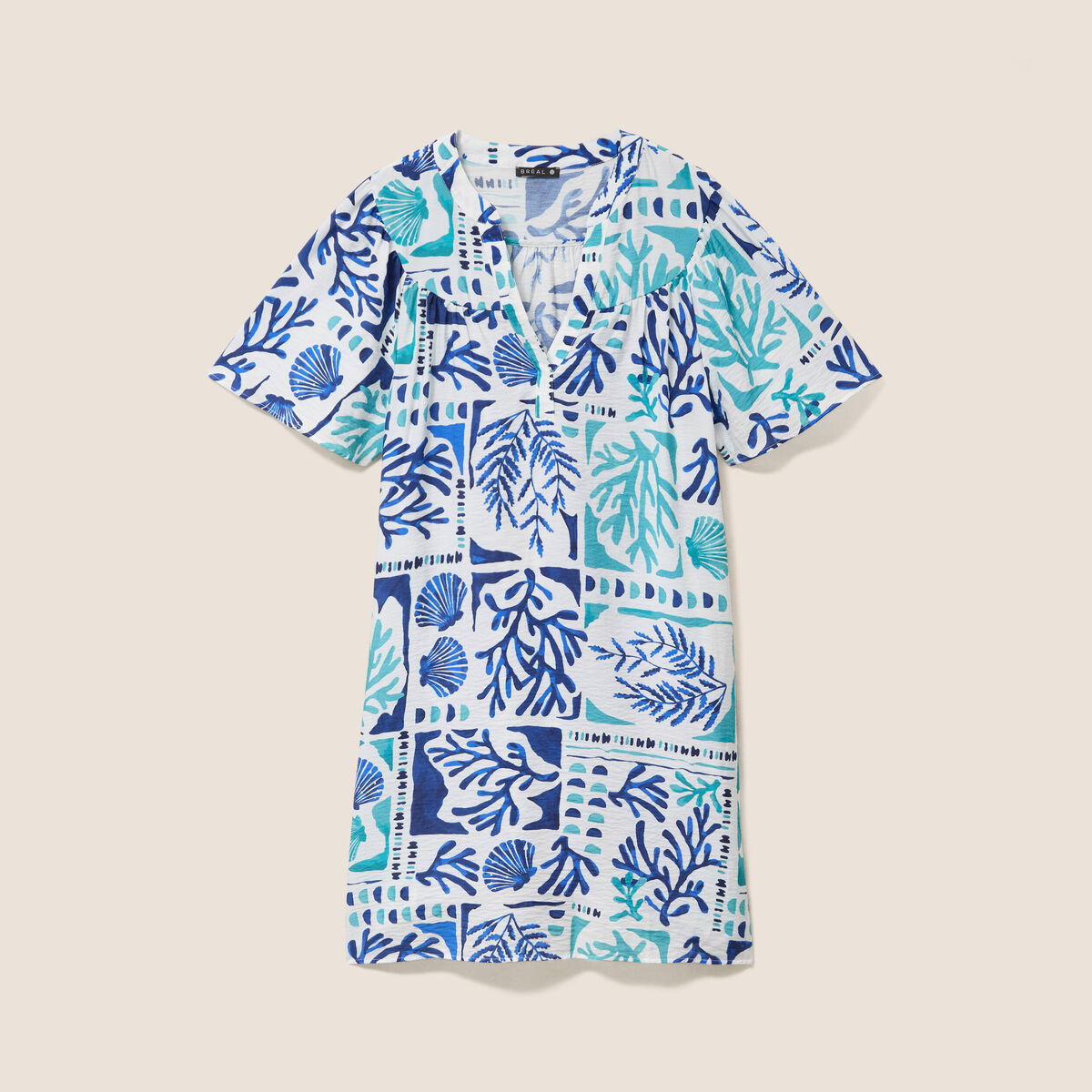 Robe droite courte col tunisien bleu femme