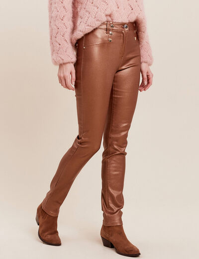 Pantalon ajusté enduit à pont camel femme