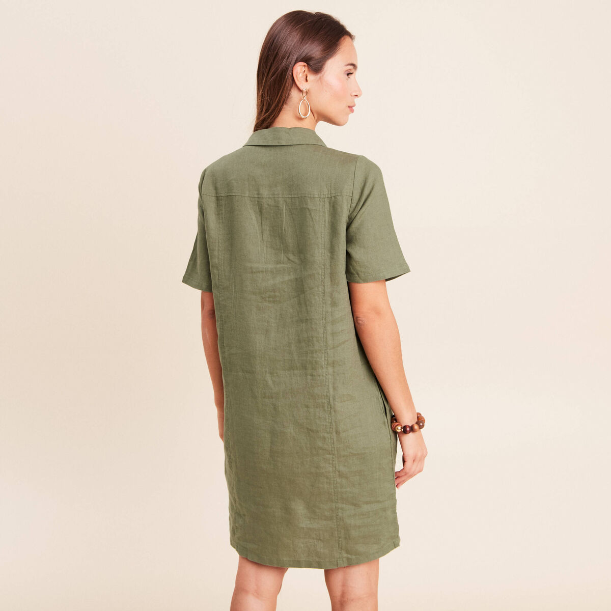 Robe droite courte col chemise vert kaki femme
