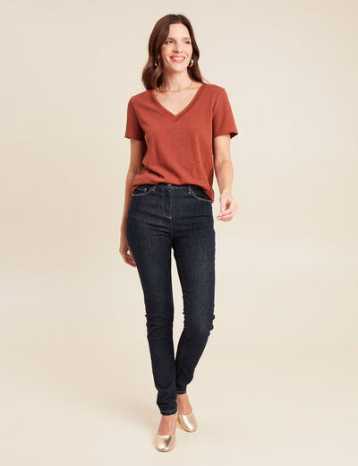 T-shirt manches courtes col en V marron foncé femme