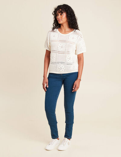 Pull court col rond manches courtes ecru femme