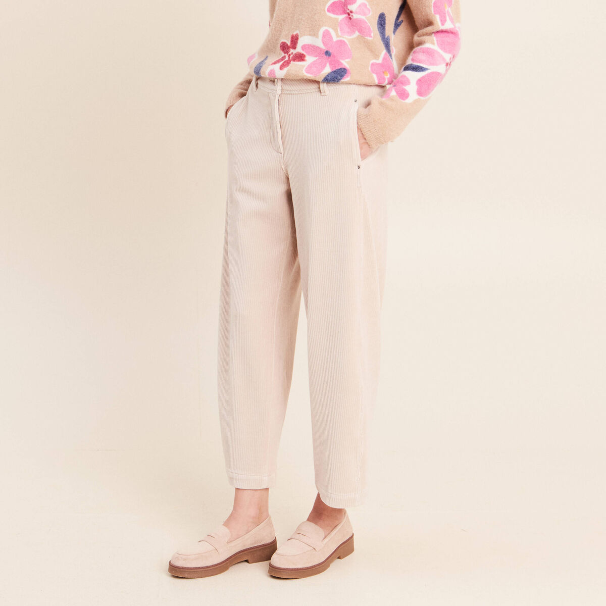 Pantalon boyfriend 7/8&egrave;me velours sable femme