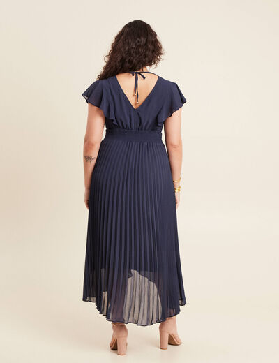 Robe longue évasée à volants bleu marine femme