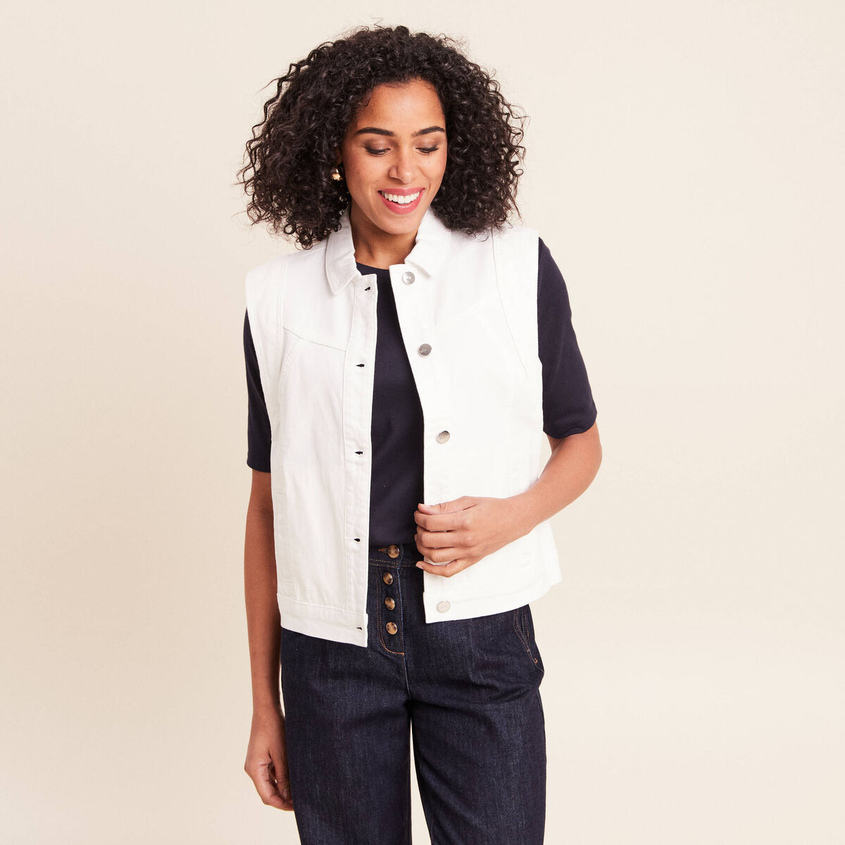 Veste sans manches en jean ecru femme