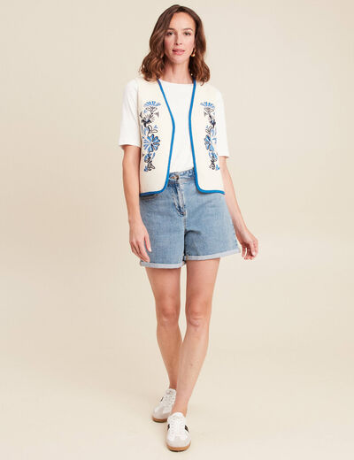 Short large taille haute en jean denim double stone femme