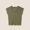 T-shirt col v manches courtes aspect lin vert kaki femme
