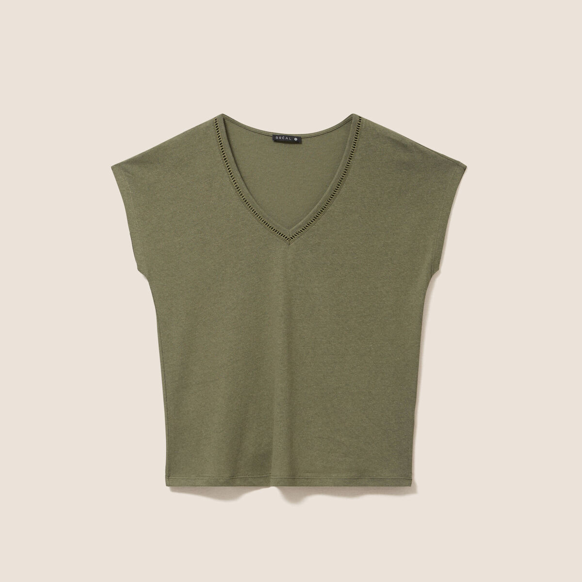 T-shirt col v manches courtes aspect lin vert kaki femme