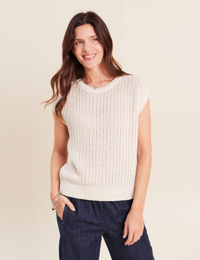 Pull ajour&eacute; col rond ecru femme
