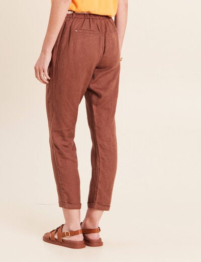 Pantalon coupe chino en lin ceintur&eacute; marron fonc&eacute; femme
