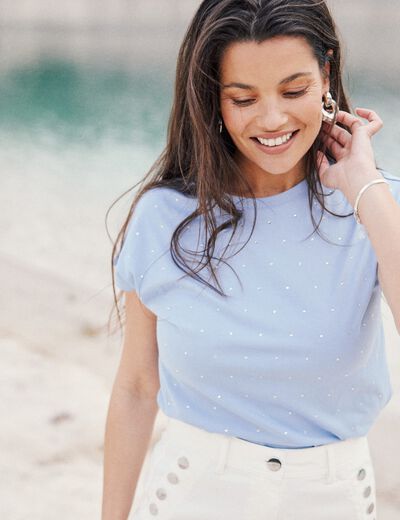 T-shirt manches courtes strass bleu ciel femme