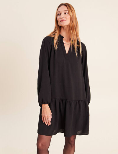 Robe courte &eacute;vas&eacute;e col v manches longues noir femme