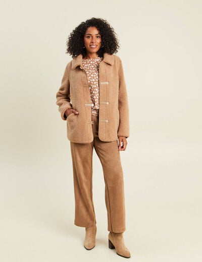 Manteau droit effet mouton beige femme