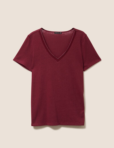 T-shirt manches courtes col en V bordeaux femme