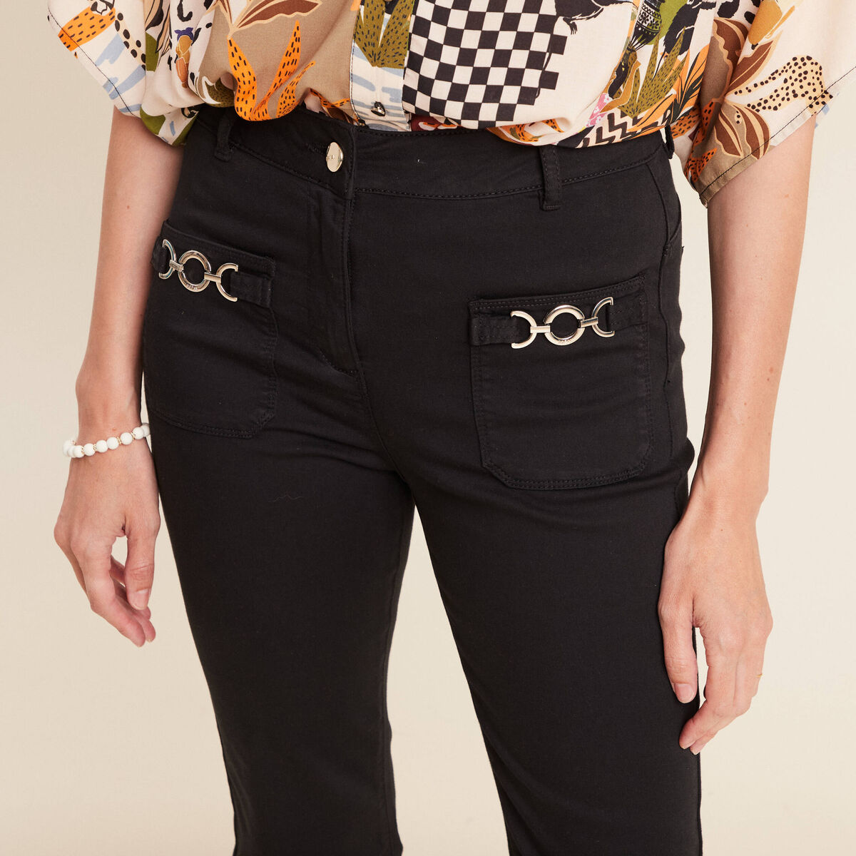 Pantacourt droit taille haute noir femme