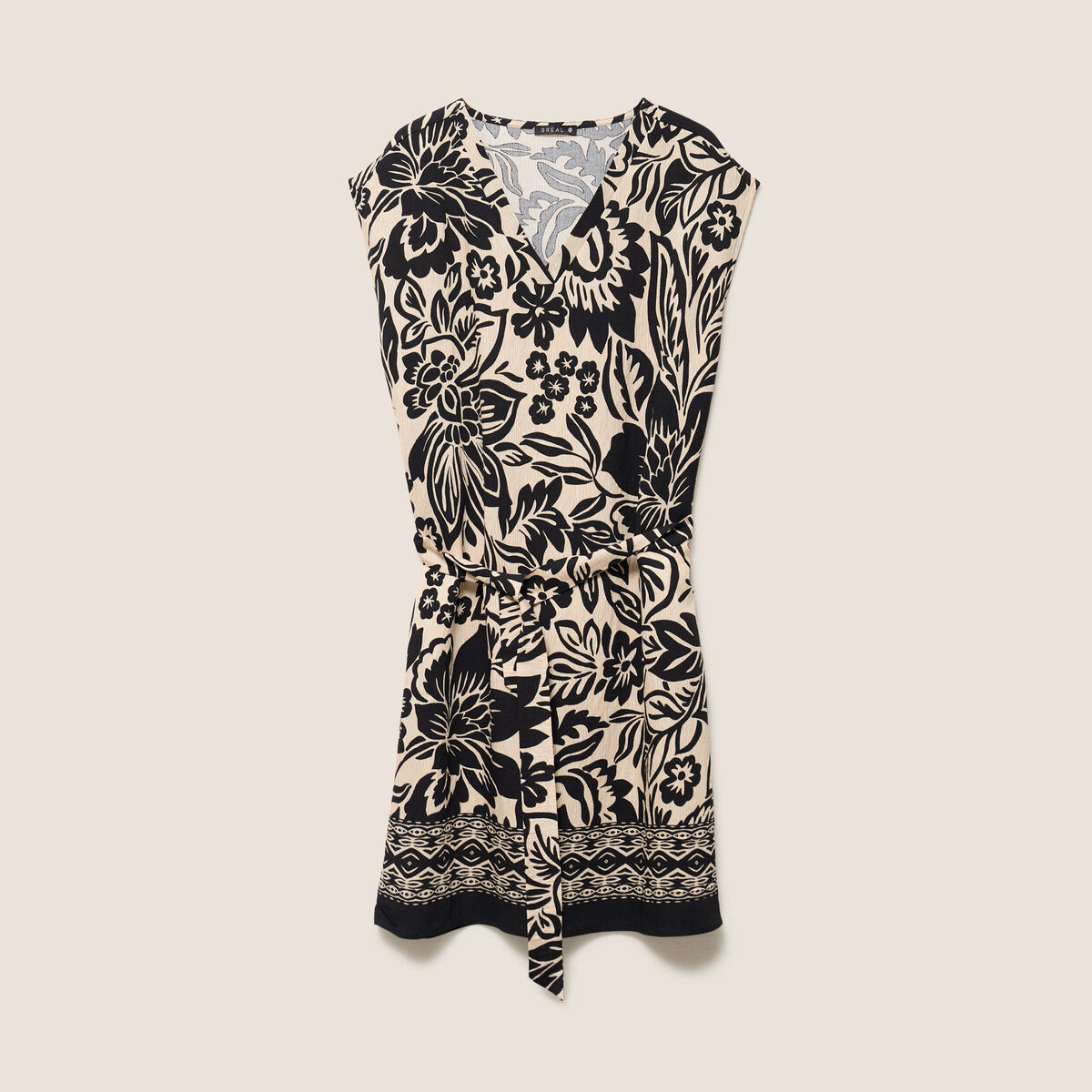 Robe droite courte col V manches courtes noir femme